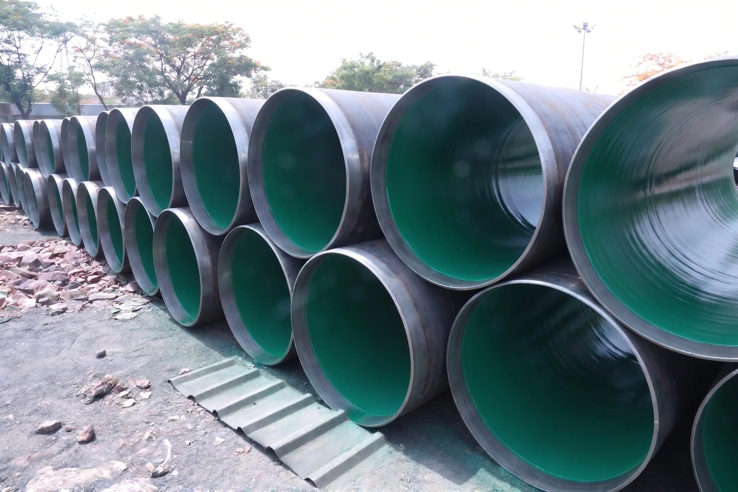 Liquid epoxy lined HSAW pipes showing green internal coating