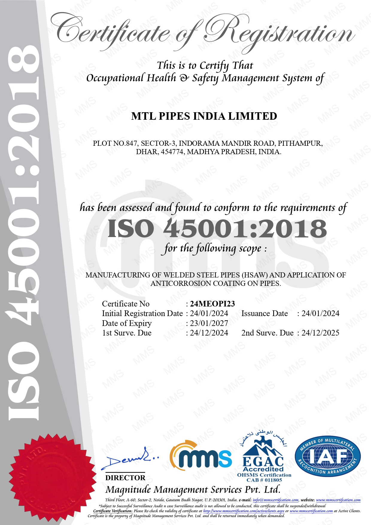 ISO 45001:2018 Certificate — MTL Pipes India Limited